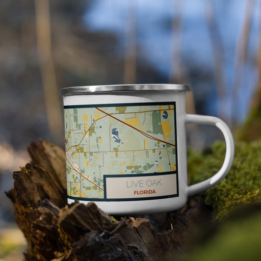 Right View Custom Live Oak Florida Map Enamel Mug in Woodblock on Grass With Trees in Background