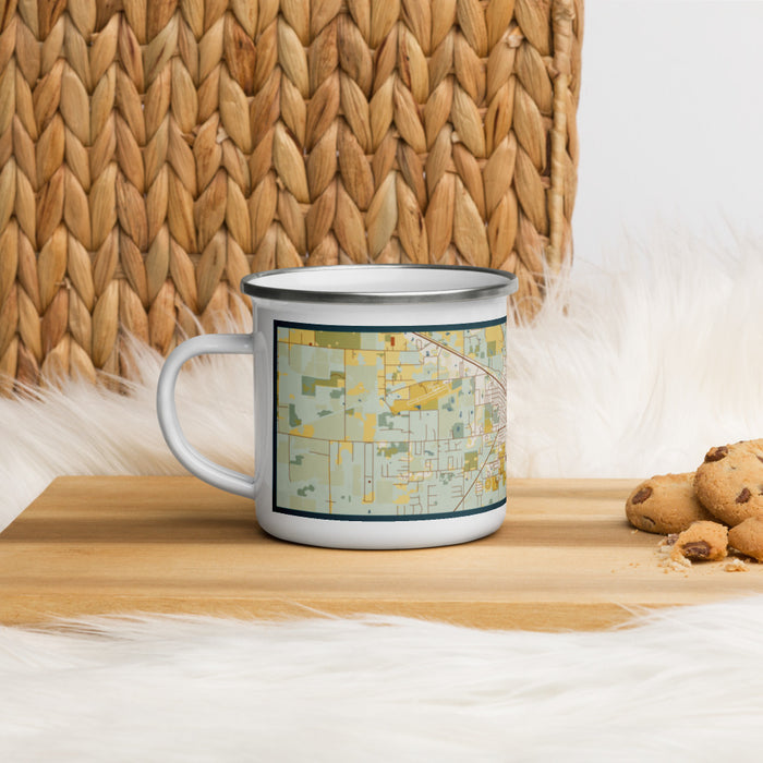 Left View Custom Live Oak Florida Map Enamel Mug in Woodblock on Table Top