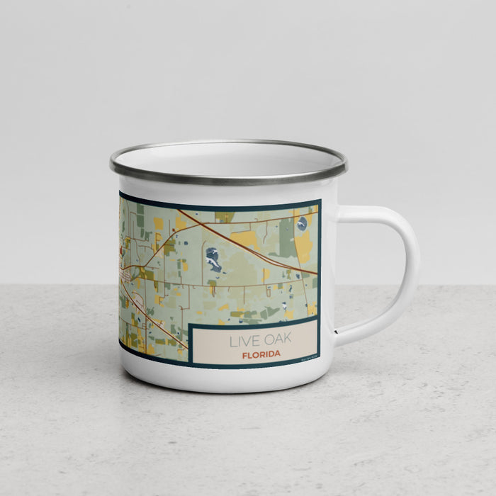 Right View Custom Live Oak Florida Map Enamel Mug in Woodblock