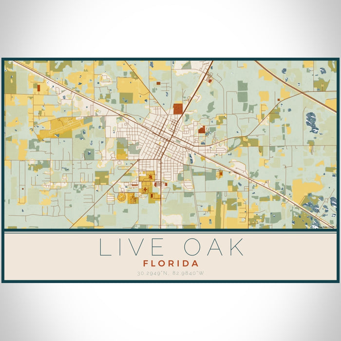 Live Oak Florida Map Print Landscape Orientation in Woodblock Style With Shaded Background