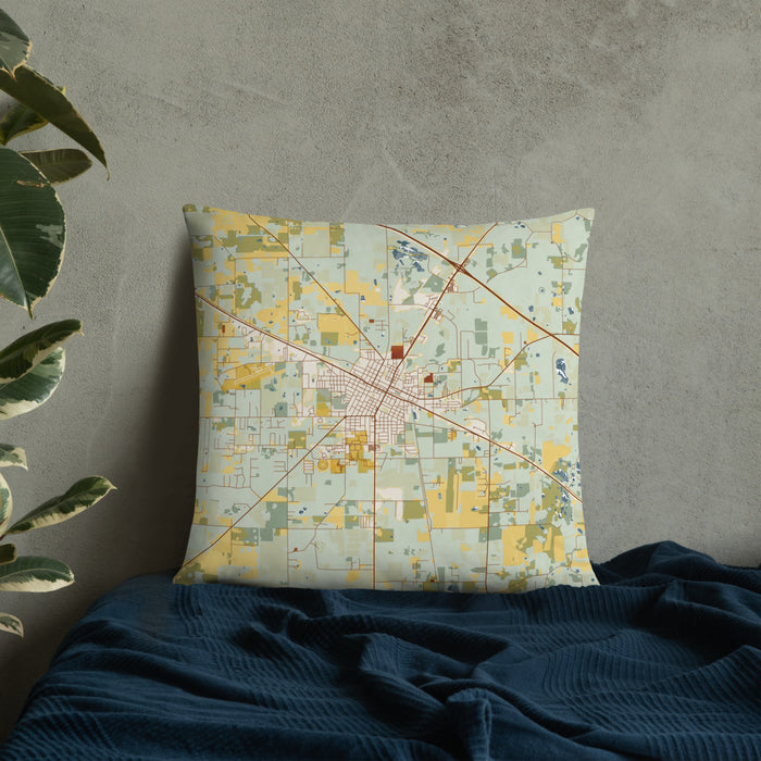 Custom Live Oak Florida Map Throw Pillow in Woodblock on Bedding Against Wall
