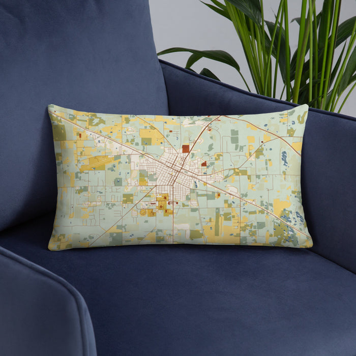 Custom Live Oak Florida Map Throw Pillow in Woodblock on Blue Colored Chair