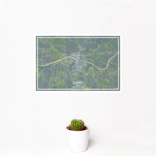 12x18 Llano Texas Map Print Landscape Orientation in Afternoon Style With Small Cactus Plant in White Planter