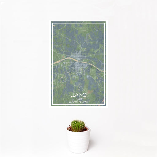 12x18 Llano Texas Map Print Portrait Orientation in Afternoon Style With Small Cactus Plant in White Planter