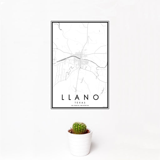 12x18 Llano Texas Map Print Portrait Orientation in Classic Style With Small Cactus Plant in White Planter
