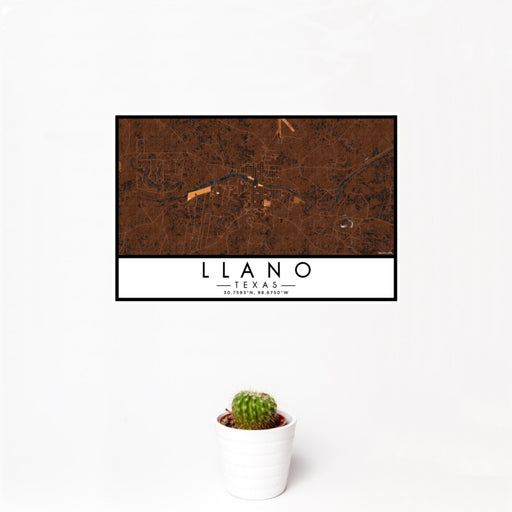 12x18 Llano Texas Map Print Landscape Orientation in Ember Style With Small Cactus Plant in White Planter