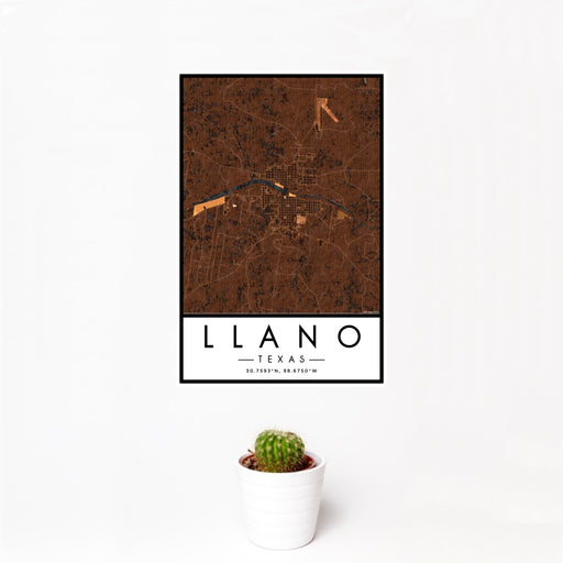 12x18 Llano Texas Map Print Portrait Orientation in Ember Style With Small Cactus Plant in White Planter