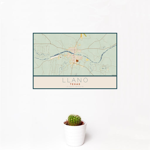 12x18 Llano Texas Map Print Landscape Orientation in Woodblock Style With Small Cactus Plant in White Planter