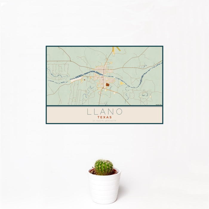 12x18 Llano Texas Map Print Landscape Orientation in Woodblock Style With Small Cactus Plant in White Planter