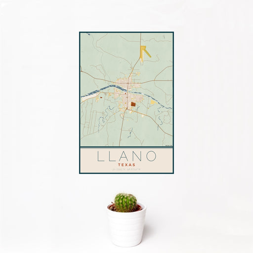 12x18 Llano Texas Map Print Portrait Orientation in Woodblock Style With Small Cactus Plant in White Planter