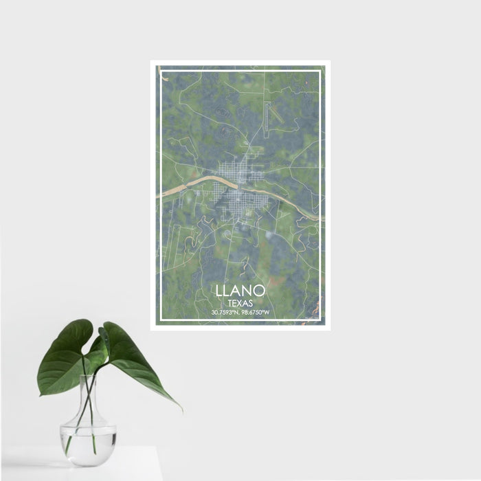 16x24 Llano Texas Map Print Portrait Orientation in Afternoon Style With Tropical Plant Leaves in Water