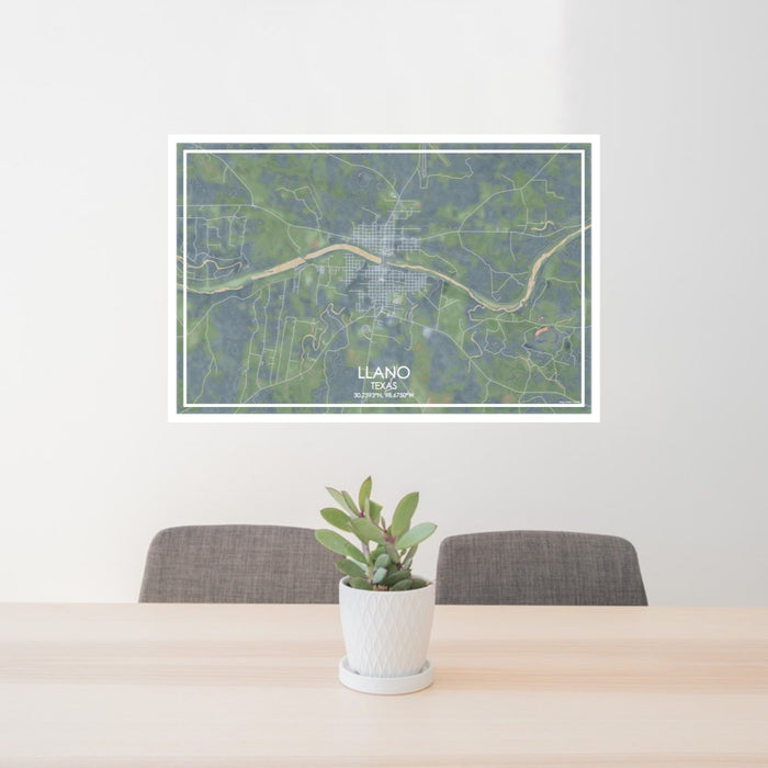 24x36 Llano Texas Map Print Lanscape Orientation in Afternoon Style Behind 2 Chairs Table and Potted Plant