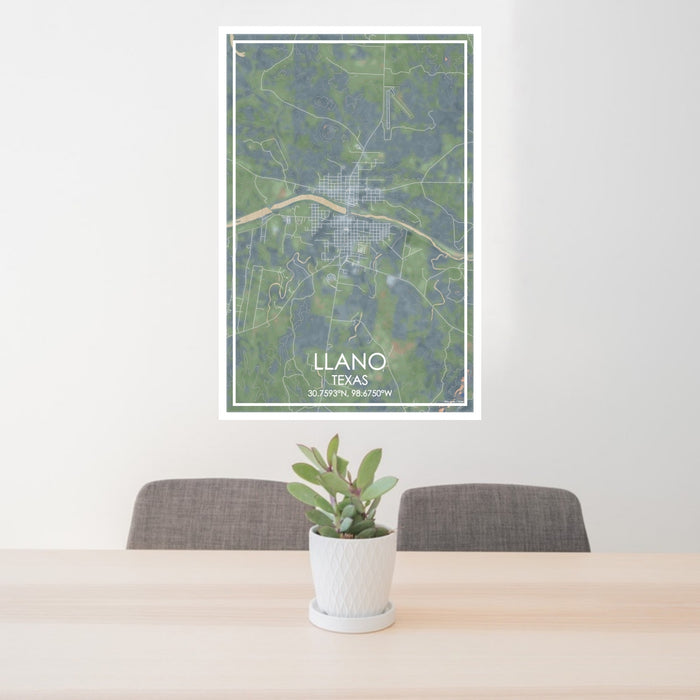 24x36 Llano Texas Map Print Portrait Orientation in Afternoon Style Behind 2 Chairs Table and Potted Plant