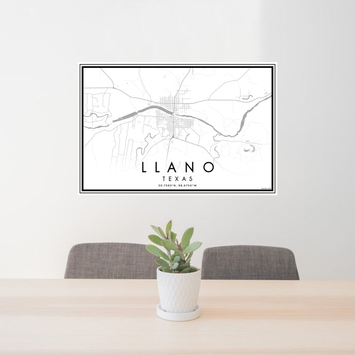 24x36 Llano Texas Map Print Lanscape Orientation in Classic Style Behind 2 Chairs Table and Potted Plant