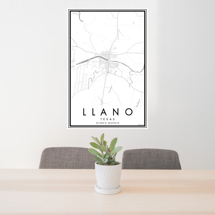 24x36 Llano Texas Map Print Portrait Orientation in Classic Style Behind 2 Chairs Table and Potted Plant