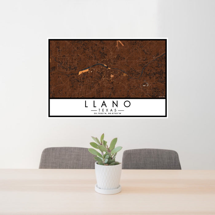 24x36 Llano Texas Map Print Lanscape Orientation in Ember Style Behind 2 Chairs Table and Potted Plant