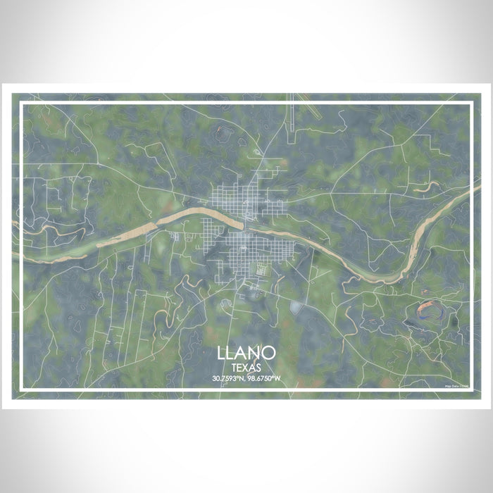 Llano Texas Map Print Landscape Orientation in Afternoon Style With Shaded Background