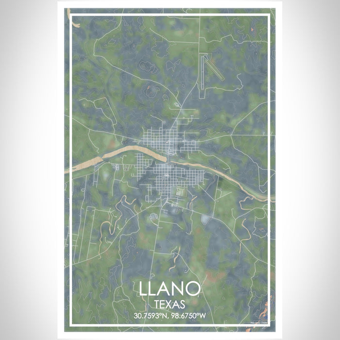 Llano Texas Map Print Portrait Orientation in Afternoon Style With Shaded Background