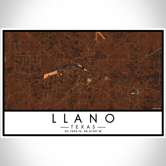 Llano Texas Map Print Landscape Orientation in Ember Style With Shaded Background
