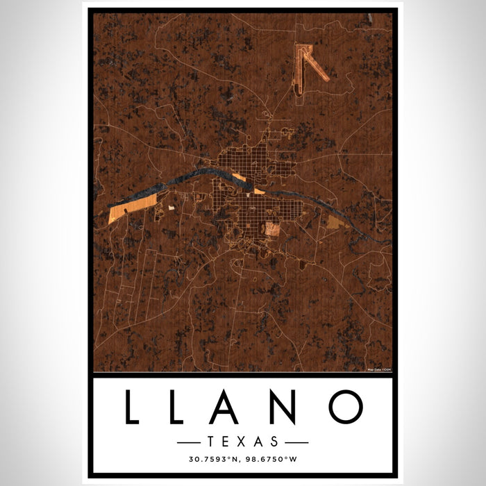 Llano Texas Map Print Portrait Orientation in Ember Style With Shaded Background
