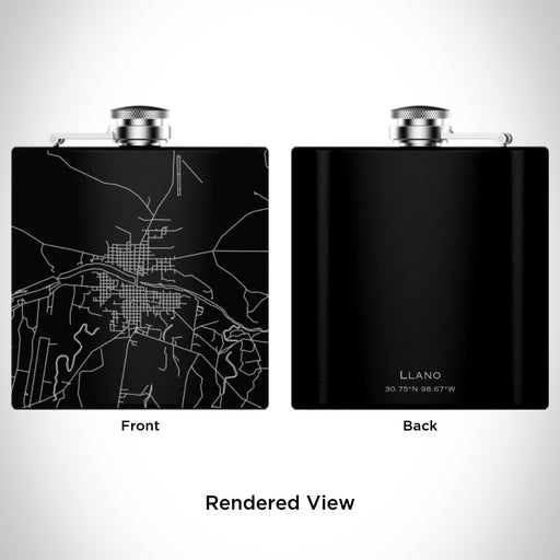 Rendered View of Llano Texas Map Engraving on 6oz Stainless Steel Flask in Black