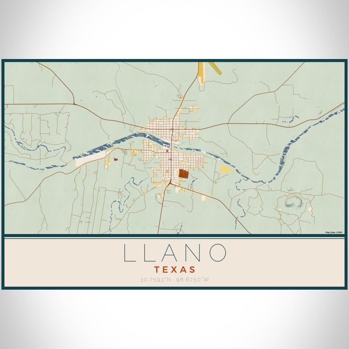 Llano Texas Map Print Landscape Orientation in Woodblock Style With Shaded Background