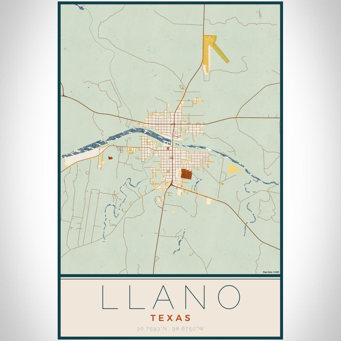 Llano Texas Map Print Portrait Orientation in Woodblock Style With Shaded Background