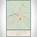 Llano Texas Map Print Portrait Orientation in Woodblock Style With Shaded Background