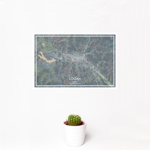 12x18 Logan Ohio Map Print Landscape Orientation in Afternoon Style With Small Cactus Plant in White Planter