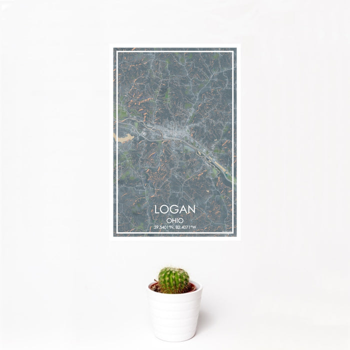 12x18 Logan Ohio Map Print Portrait Orientation in Afternoon Style With Small Cactus Plant in White Planter