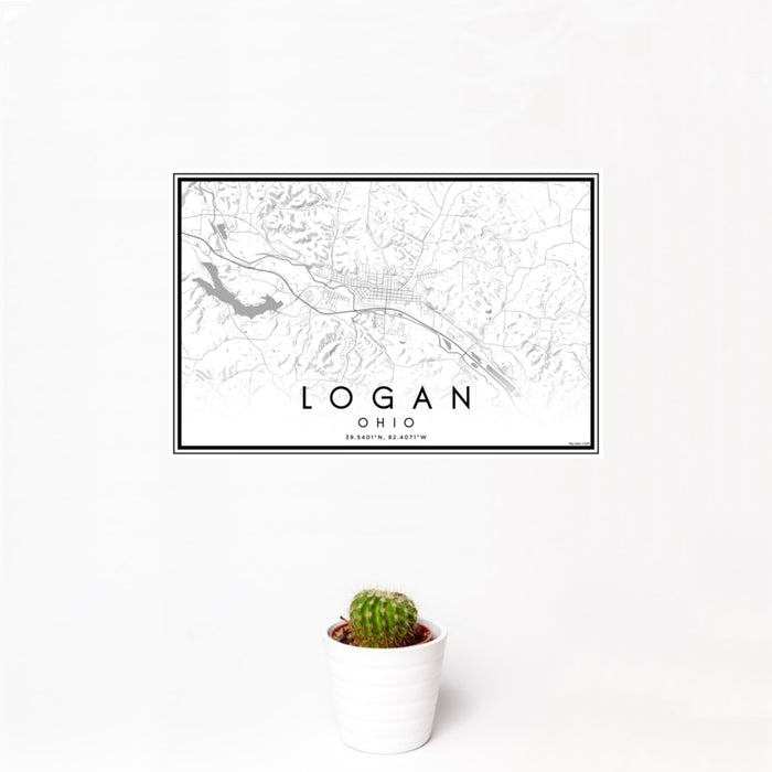 12x18 Logan Ohio Map Print Landscape Orientation in Classic Style With Small Cactus Plant in White Planter