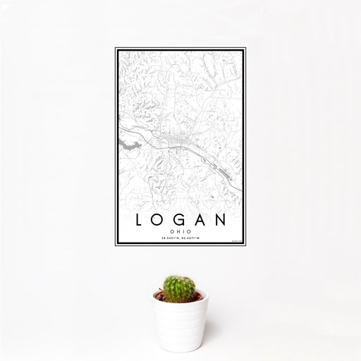 12x18 Logan Ohio Map Print Portrait Orientation in Classic Style With Small Cactus Plant in White Planter