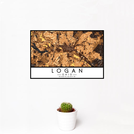 12x18 Logan Ohio Map Print Landscape Orientation in Ember Style With Small Cactus Plant in White Planter