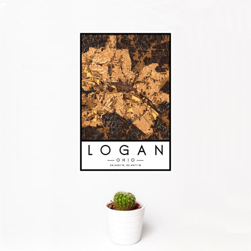 12x18 Logan Ohio Map Print Portrait Orientation in Ember Style With Small Cactus Plant in White Planter