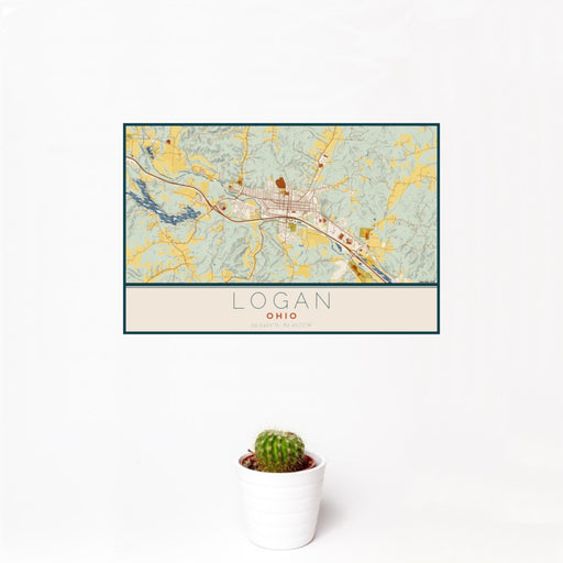 12x18 Logan Ohio Map Print Landscape Orientation in Woodblock Style With Small Cactus Plant in White Planter