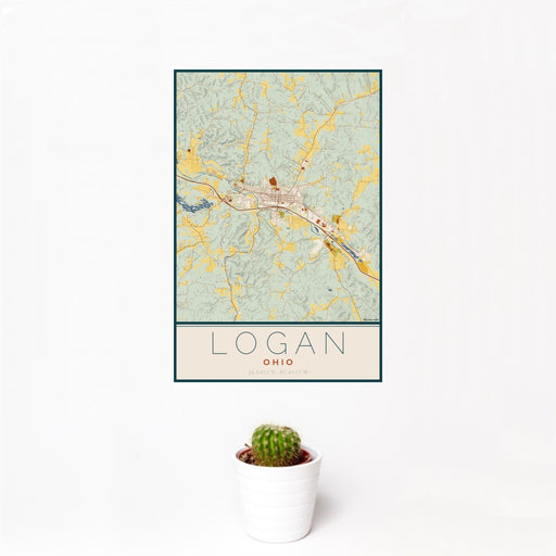 12x18 Logan Ohio Map Print Portrait Orientation in Woodblock Style With Small Cactus Plant in White Planter