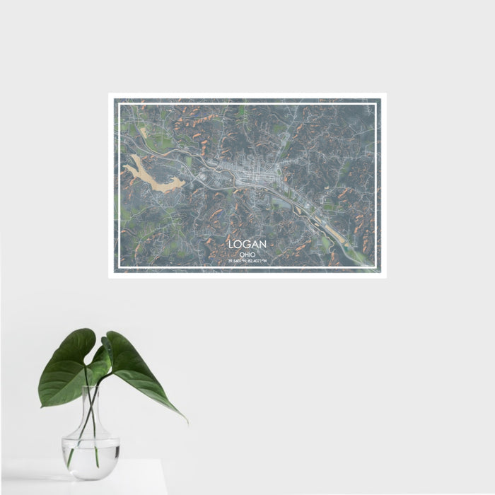 16x24 Logan Ohio Map Print Landscape Orientation in Afternoon Style With Tropical Plant Leaves in Water