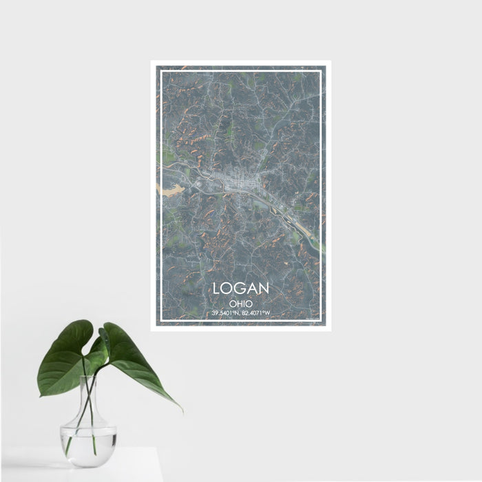 16x24 Logan Ohio Map Print Portrait Orientation in Afternoon Style With Tropical Plant Leaves in Water