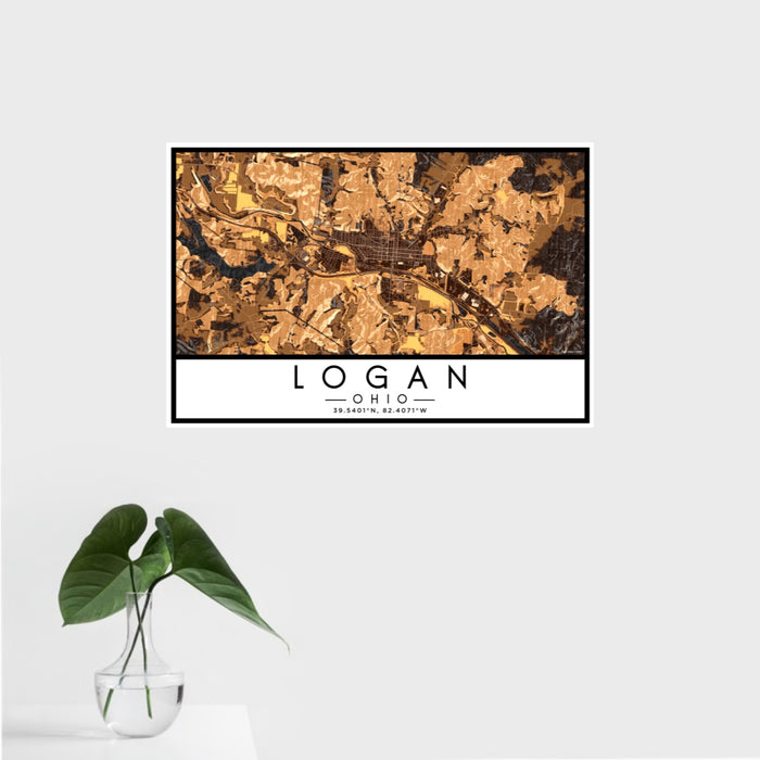 16x24 Logan Ohio Map Print Landscape Orientation in Ember Style With Tropical Plant Leaves in Water