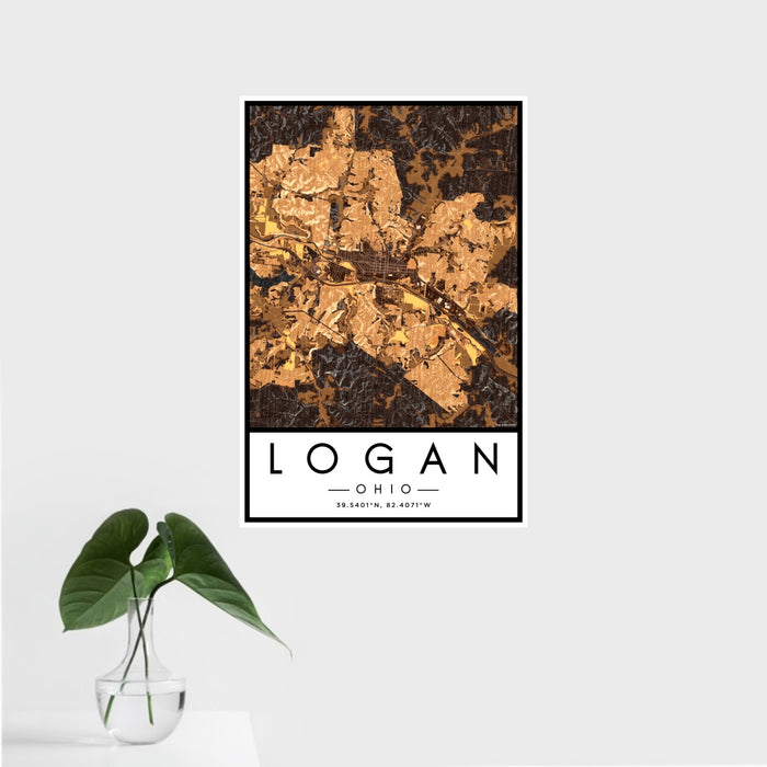 16x24 Logan Ohio Map Print Portrait Orientation in Ember Style With Tropical Plant Leaves in Water