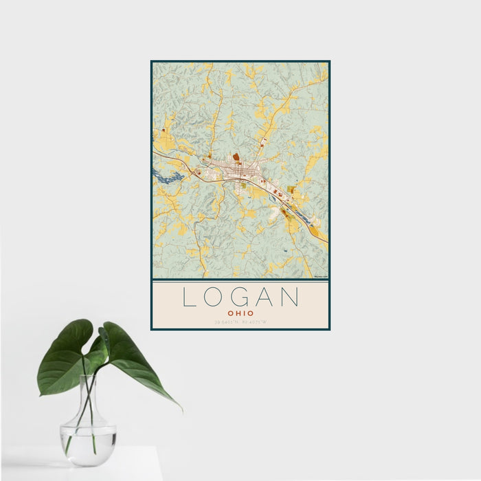 16x24 Logan Ohio Map Print Portrait Orientation in Woodblock Style With Tropical Plant Leaves in Water