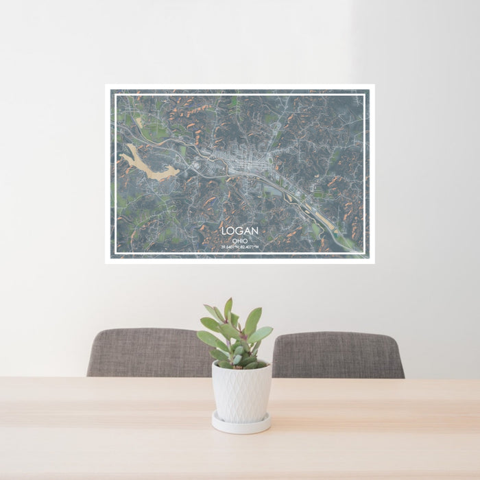 24x36 Logan Ohio Map Print Lanscape Orientation in Afternoon Style Behind 2 Chairs Table and Potted Plant