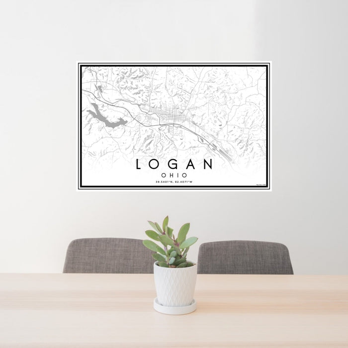 24x36 Logan Ohio Map Print Lanscape Orientation in Classic Style Behind 2 Chairs Table and Potted Plant