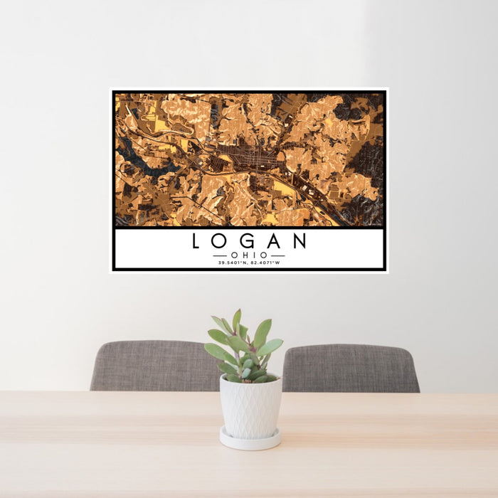 24x36 Logan Ohio Map Print Lanscape Orientation in Ember Style Behind 2 Chairs Table and Potted Plant
