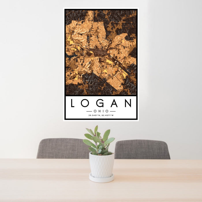 24x36 Logan Ohio Map Print Portrait Orientation in Ember Style Behind 2 Chairs Table and Potted Plant