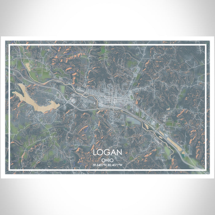 Logan Ohio Map Print Landscape Orientation in Afternoon Style With Shaded Background