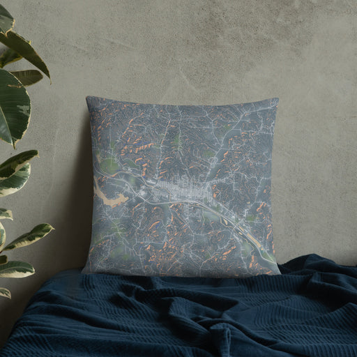 Custom Logan Ohio Map Throw Pillow in Afternoon on Bedding Against Wall
