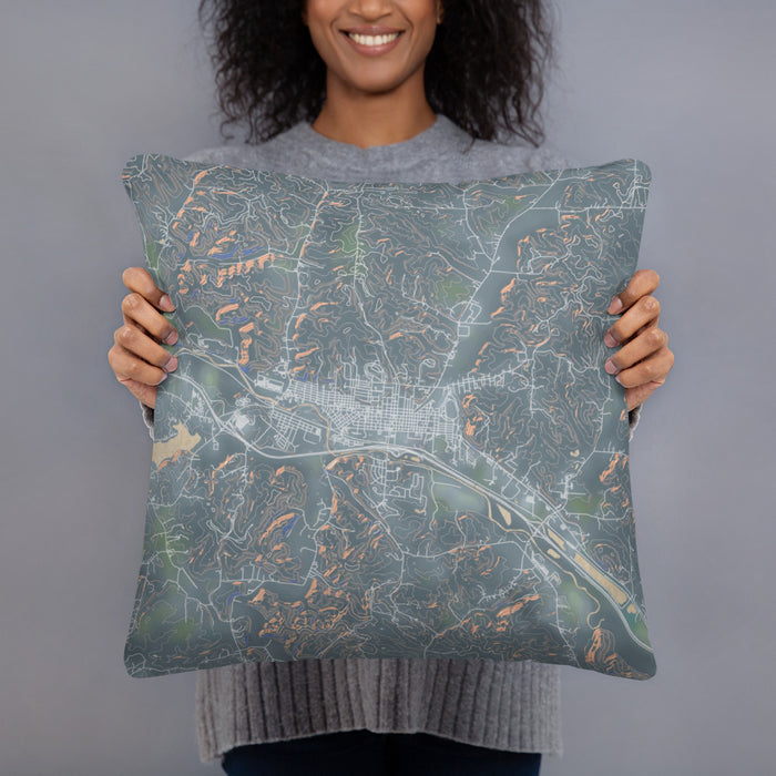 Person holding 18x18 Custom Logan Ohio Map Throw Pillow in Afternoon