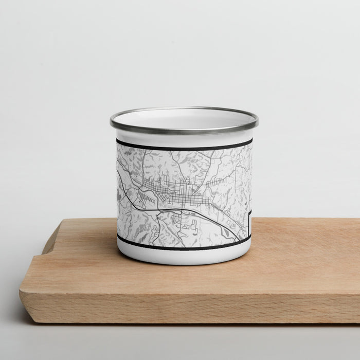 Front View Custom Logan Ohio Map Enamel Mug in Classic on Cutting Board