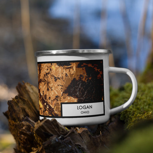 Right View Custom Logan Ohio Map Enamel Mug in Ember on Grass With Trees in Background